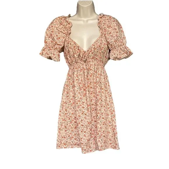 Reformation Channa Size Small Ruffled Linen Floral Print Pink Mini Dress